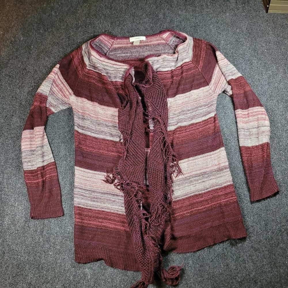 CJ Banks Burgundy Pink Striped Fringe Open Front Cardigan Sweater Womens 2X